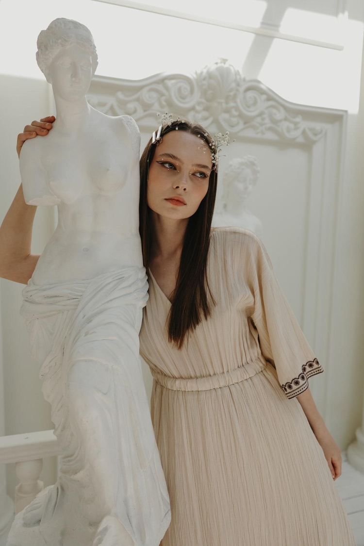 Sleeve And Skirt Embroidered Dress - Stone