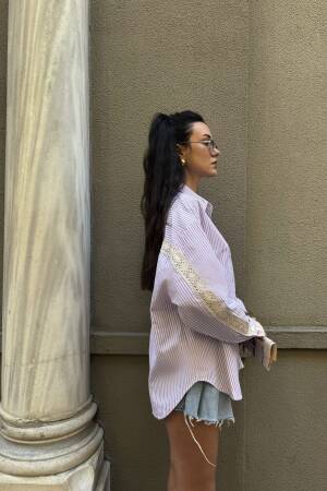 Lace Detailed Oversize Striped Shirt 29073 - First Angels - Globality Store - Women Clothes Wholesale Turkey