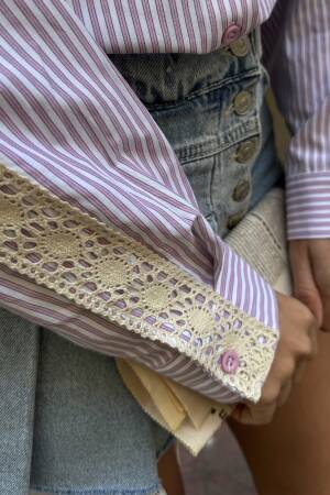 Lace Detailed Oversize Striped Shirt 29073 - First Angels - Globality Store - Women Clothes Wholesale Turkey