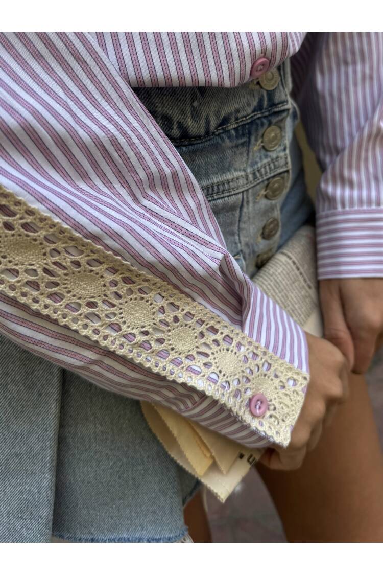 Lace Detailed Oversize Striped Shirt 29073