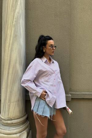 Lace Detailed Oversize Striped Shirt 29073 - First Angels - Globality Store - Women Clothes Wholesale Turkey