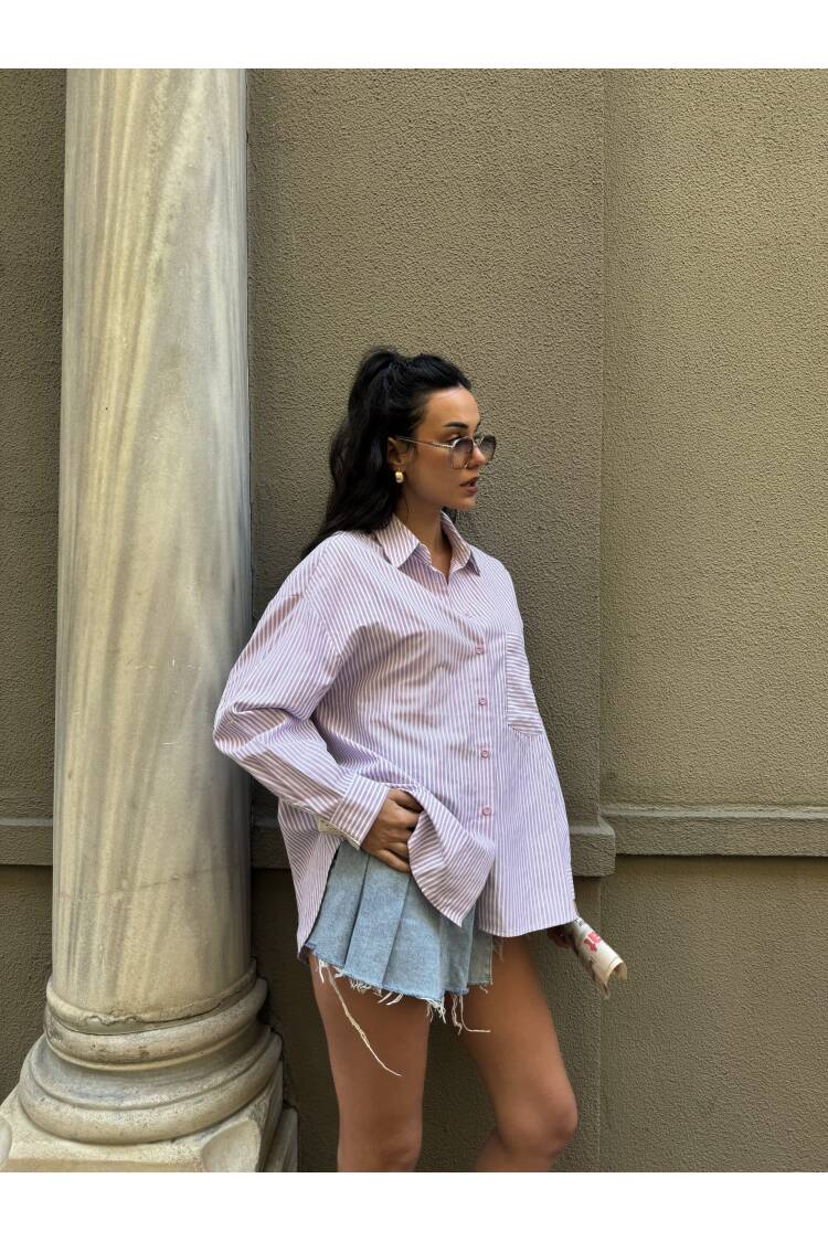 Lace Detailed Oversize Striped Shirt 29073
