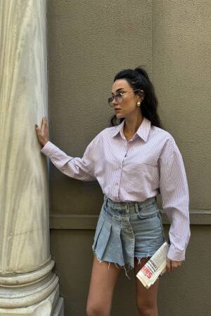 Lace Detailed Oversize Striped Shirt 29073 - First Angels - Globality Store - Women Clothes Wholesale Turkey