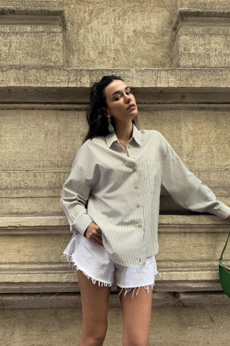 OilLace Detailed Oversize Striped Shirt 29073
