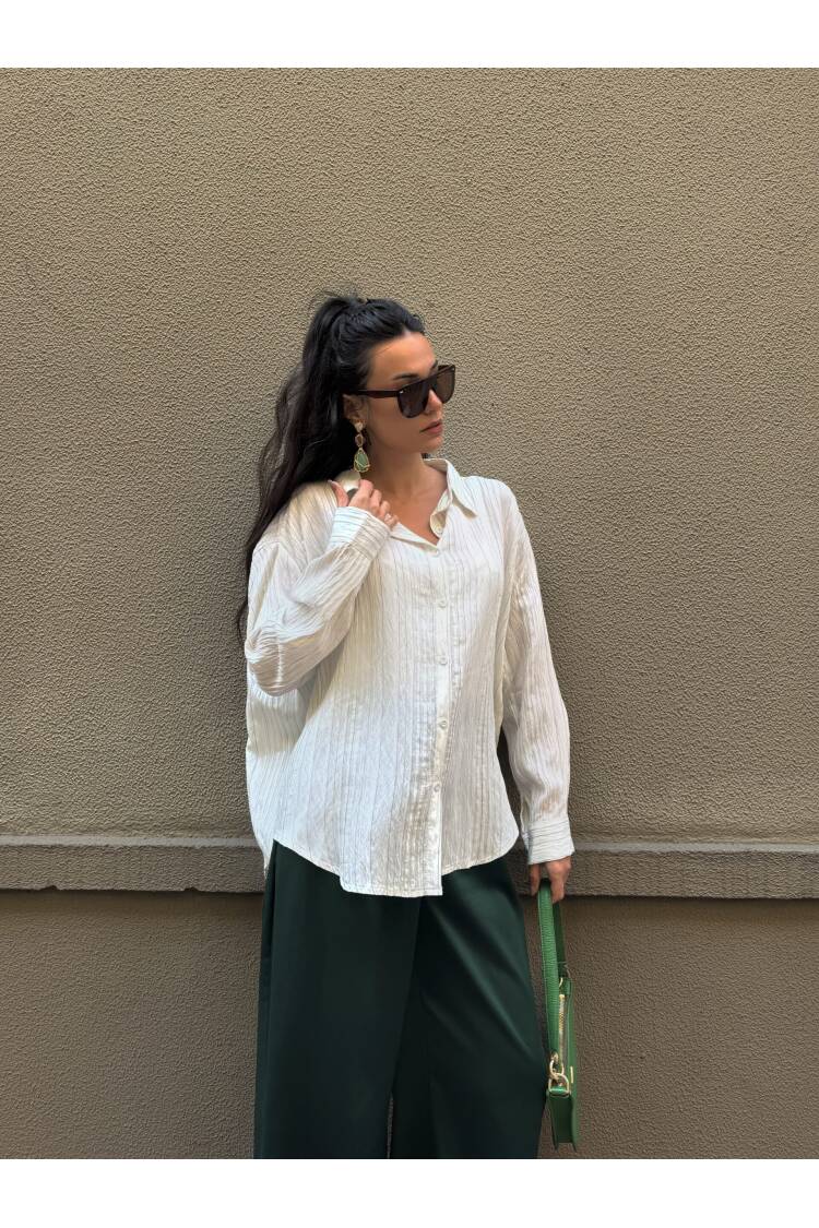 Line Detailed Self Pattern Oversize Modal Shirt 29105
