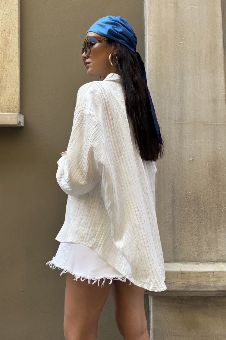 Stripe Detailed Self Patterned Oversize Modal Shirt 29105
