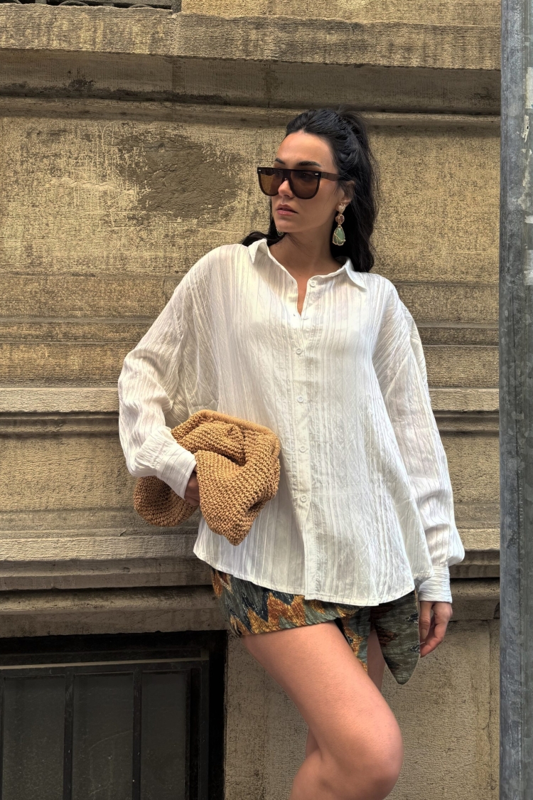 Stripe Detailed Self Pattern Oversize Modal Shirt 29105 - First Angels - Globality Store - Women Clothes Wholesale Turkey