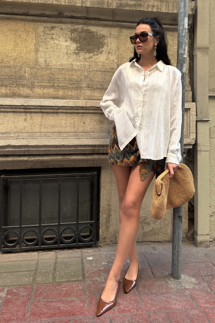 Stripe Detailed Self Pattern Oversize Modal Shirt 29105