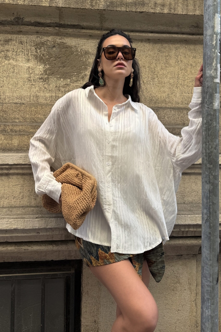 Stripe Detailed Self Pattern Oversize Modal Shirt 29105