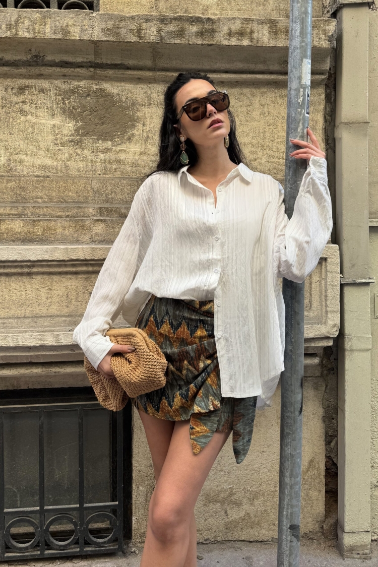 Stripe Detailed Self Pattern Oversize Modal Shirt 29105