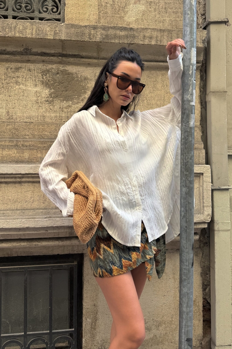 Stripe Detailed Self Pattern Oversize Modal Shirt 29105
