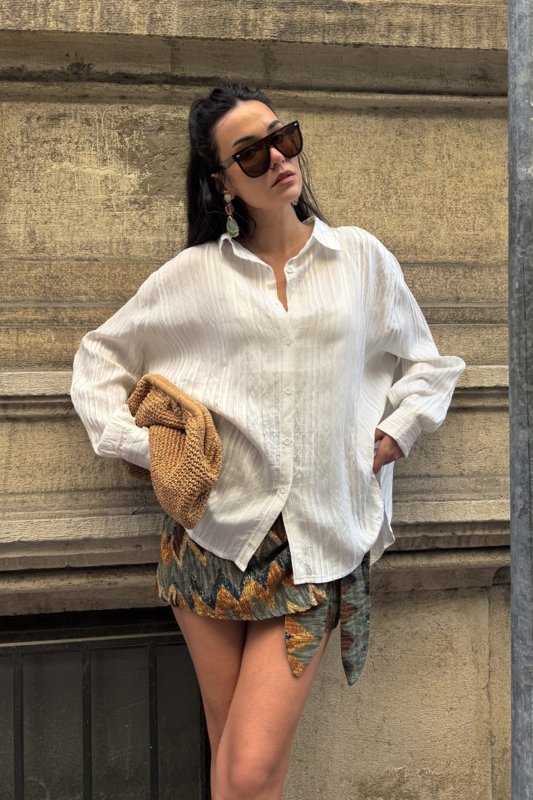 Stripe Detailed Self Pattern Oversize Modal Shirt 29105