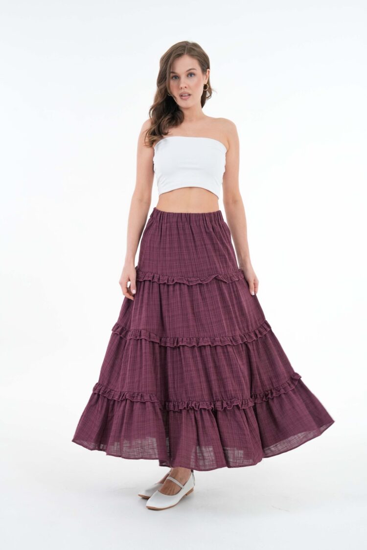 Burgundy 100% Cotton Self Patterned Sequin Long Skirt 29091 - First Angels - Globality Store - Women Clothes Wholesale Turkey