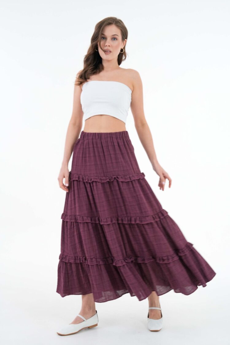 Burgundy 100% Cotton Self Patterned Sequin Long Skirt 29091