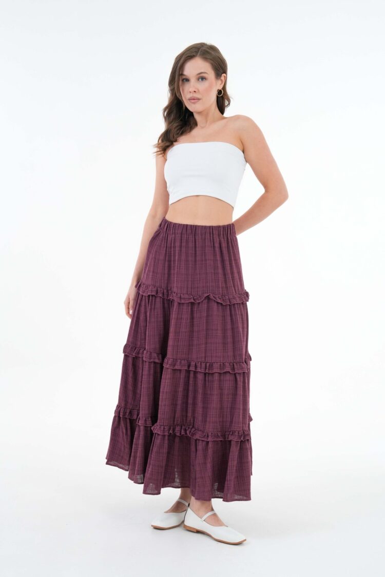Burgundy 100% Cotton Self Patterned Sequin Long Skirt 29091