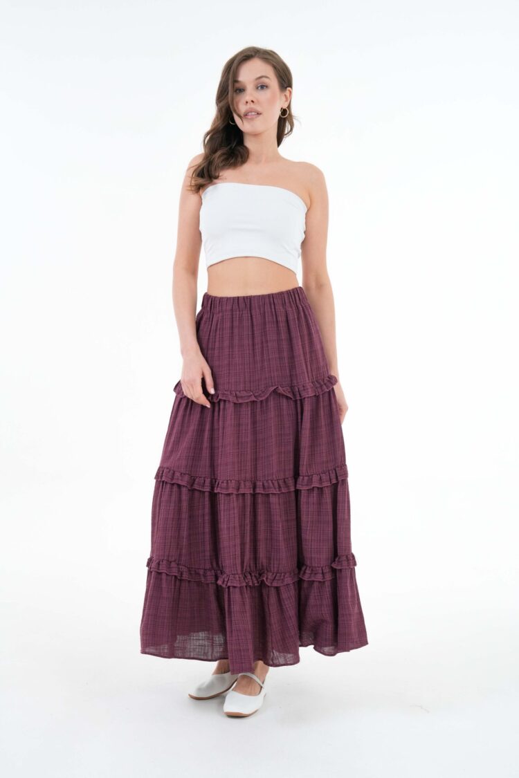 Burgundy 100% Cotton Self Patterned Sequin Long Skirt 29091