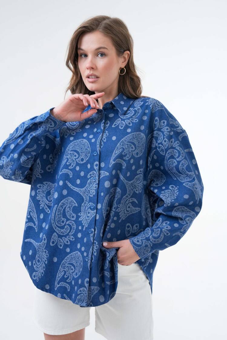Blue Jacquard Self Pattern Oversize Denim Shirt 29134 - First Angels - Globality Store - Women Clothes Wholesale Turkey