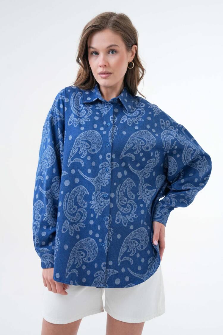 Blue Jacquard Self Pattern Oversize Denim Shirt 29134