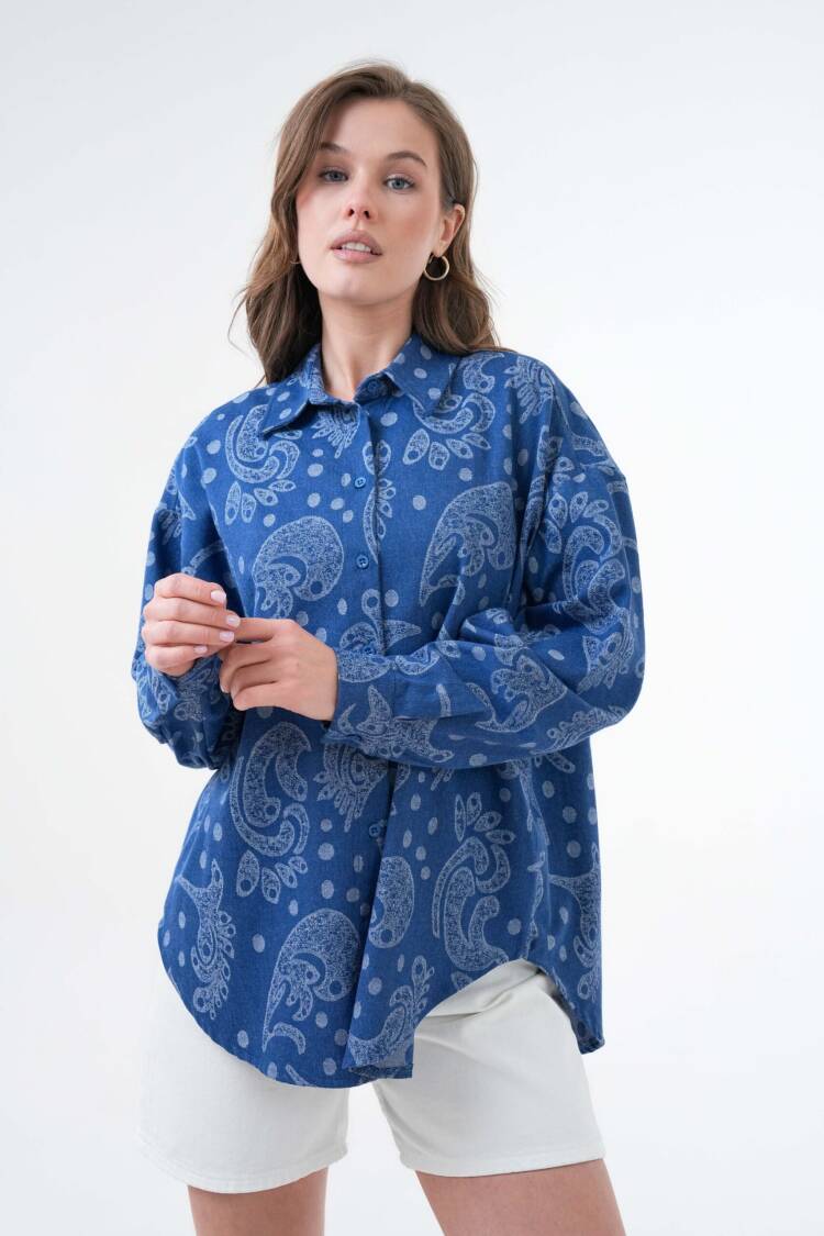 Blue Jacquard Self Pattern Oversize Denim Shirt 29134