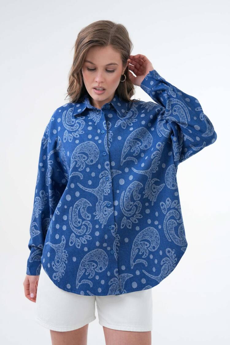 Blue Jacquard Self Pattern Oversize Denim Shirt 29134