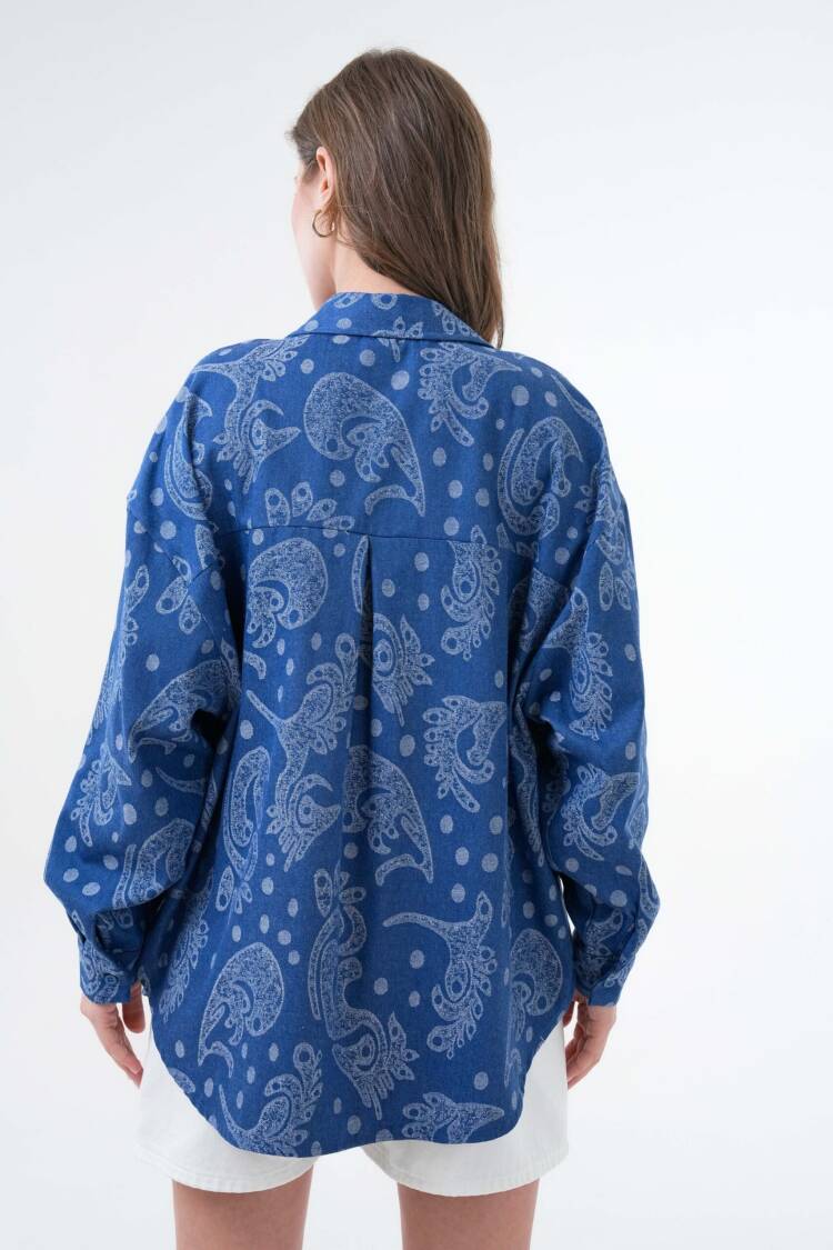 Blue Jacquard Self Pattern Oversize Denim Shirt 29134
