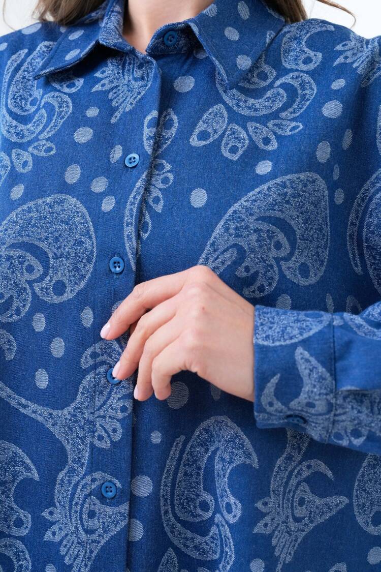 Blue Jacquard Self Pattern Oversize Denim Shirt 29134