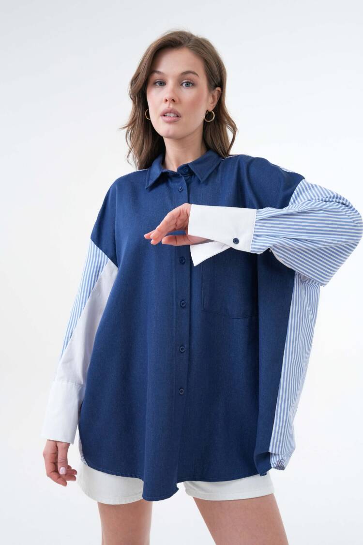 Denim And Striped Fabric Garnished Oversize Design Shirt 29068 - First Angels - Globality Store - Women Clothes Wholesale Turkey