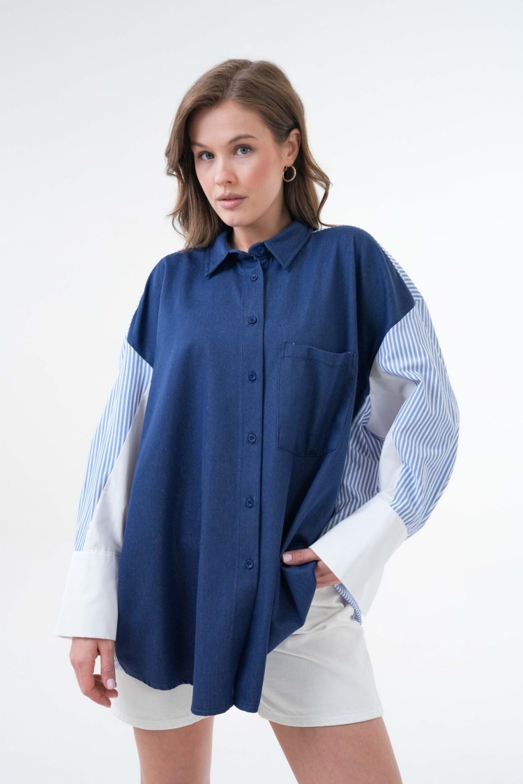 Denim And Striped Fabric Garnished Oversize Design Shirt 29068