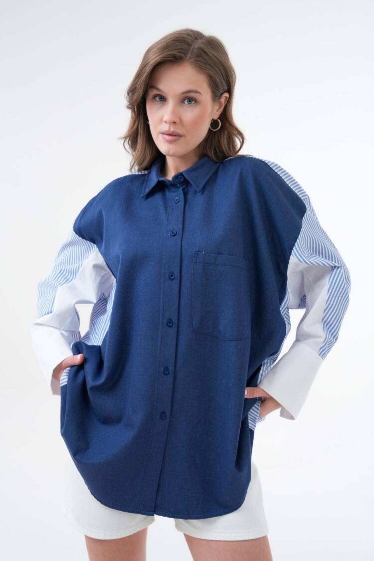 Denim And Striped Fabric Garnished Oversize Design Shirt 29068