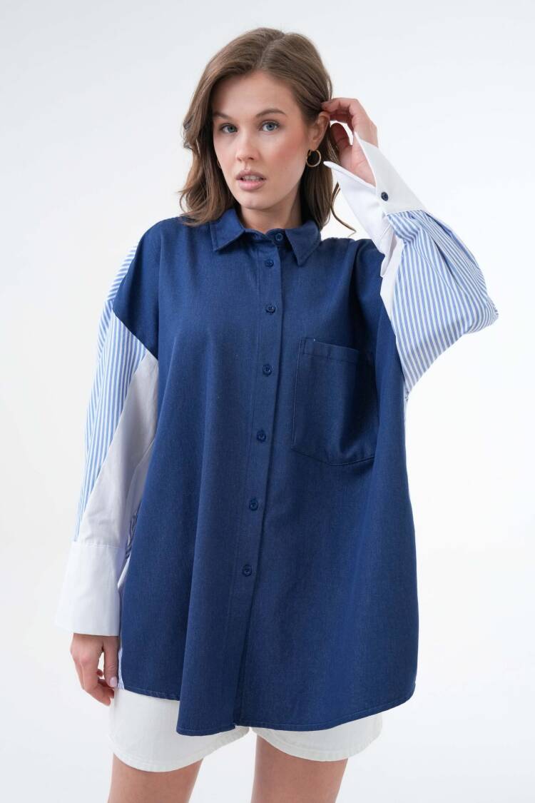 Denim And Striped Fabric Garnished Oversize Design Shirt 29068