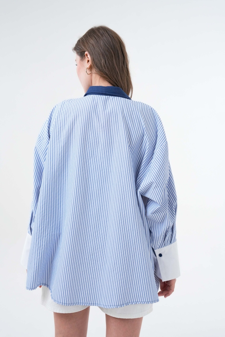 Denim And Striped Fabric Garnished Oversize Design Shirt 29068
