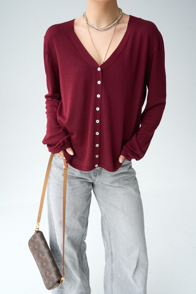 9 Button Cardigan - Burgundy