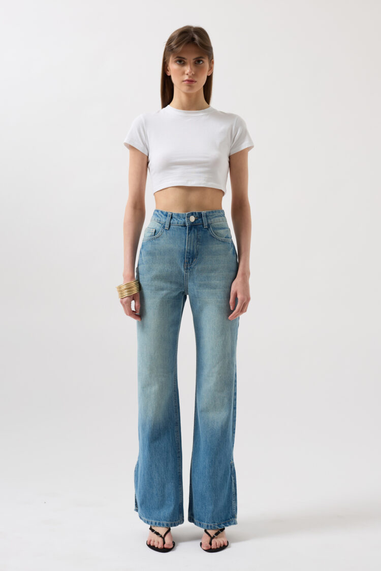 Leg Slit High Waist Jean - Blue