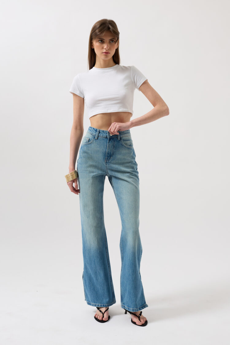 Leg Slit High Waist Jean - Blue