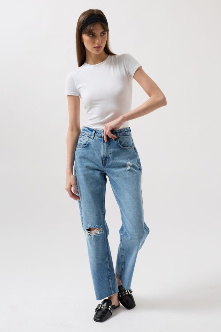 Laser Cut High Waist Jean - Blue