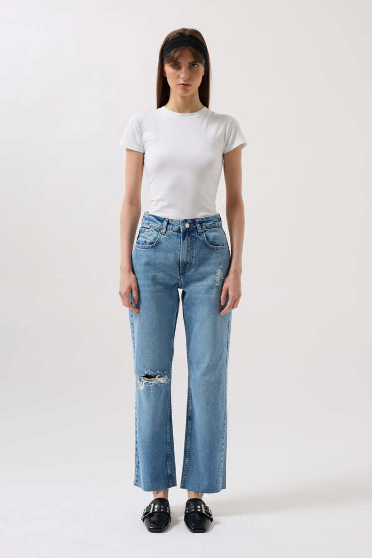 Laser Cut High Waist Jean - Blue