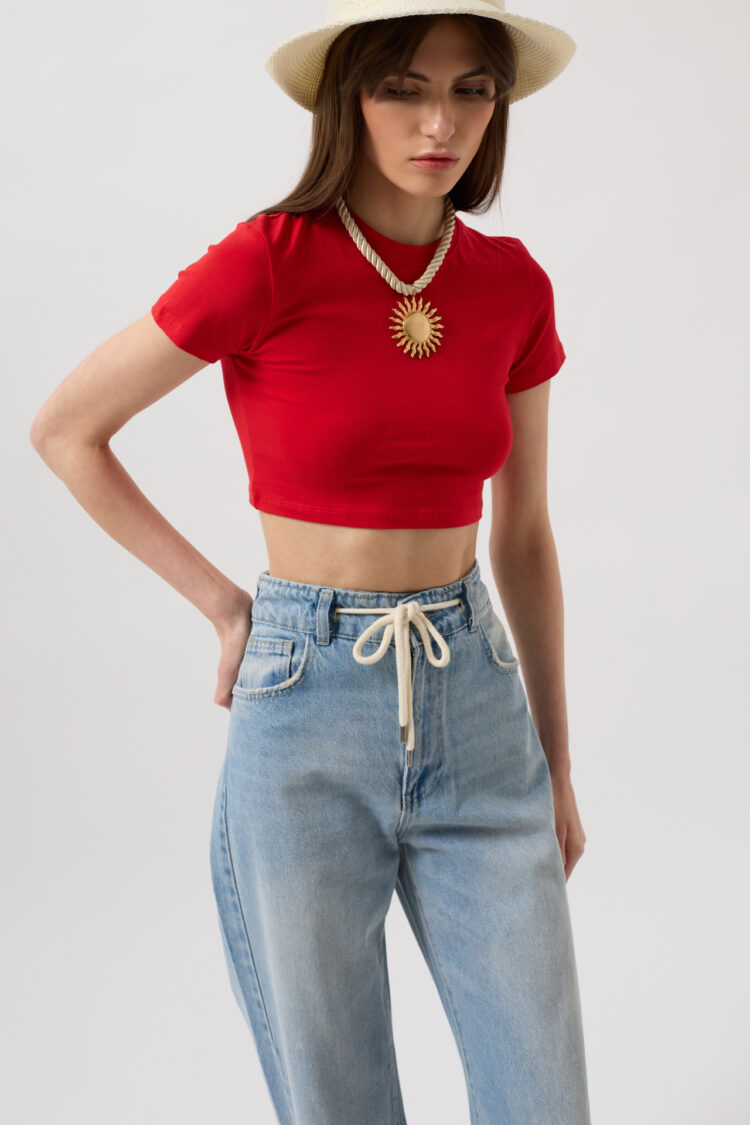Lace Detail High Waist Jean - Light Blue