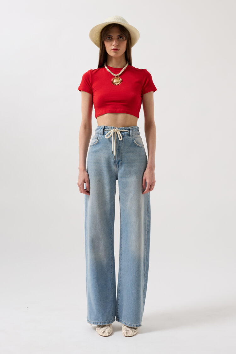 Lace Detail High Waist Jean - Light Blue