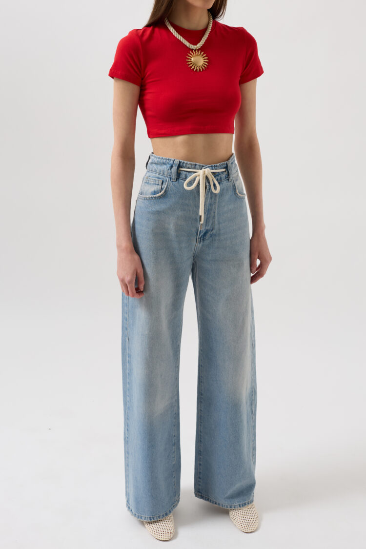 Lace Detail High Waist Jean - Light Blue