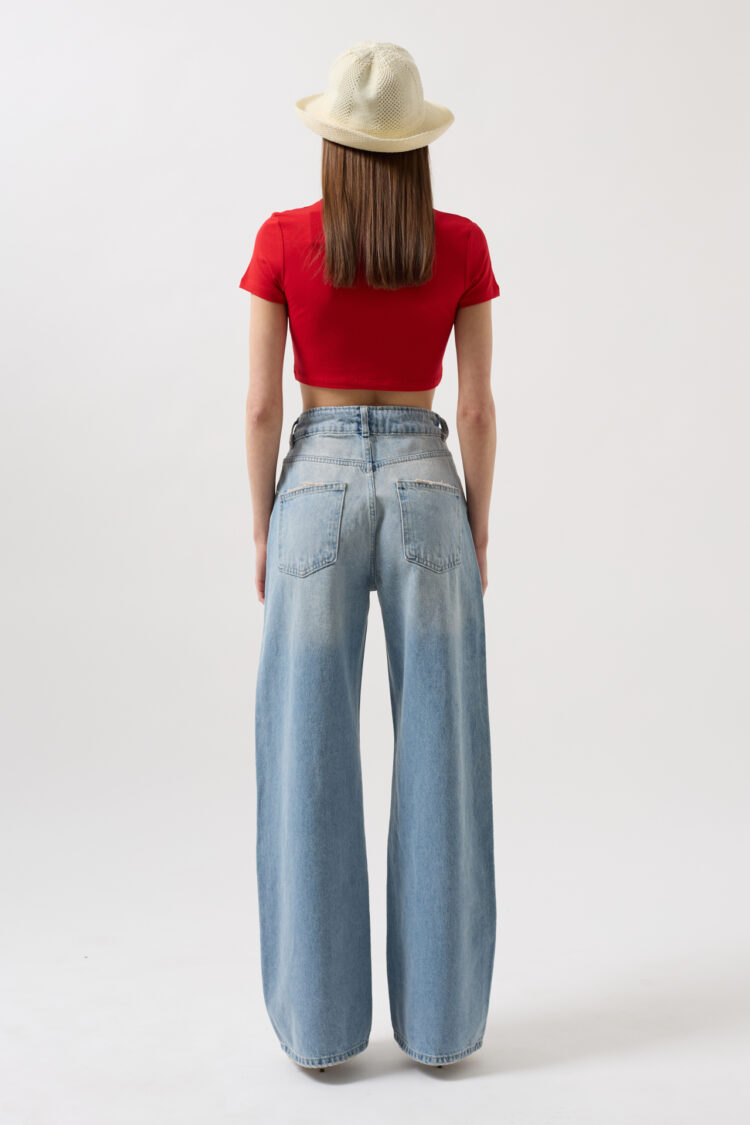 Lace Detail High Waist Jean - Light Blue