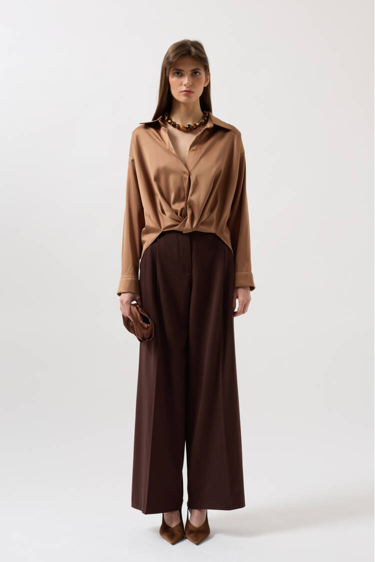 Waist Ruffle Crop Satin Shirt