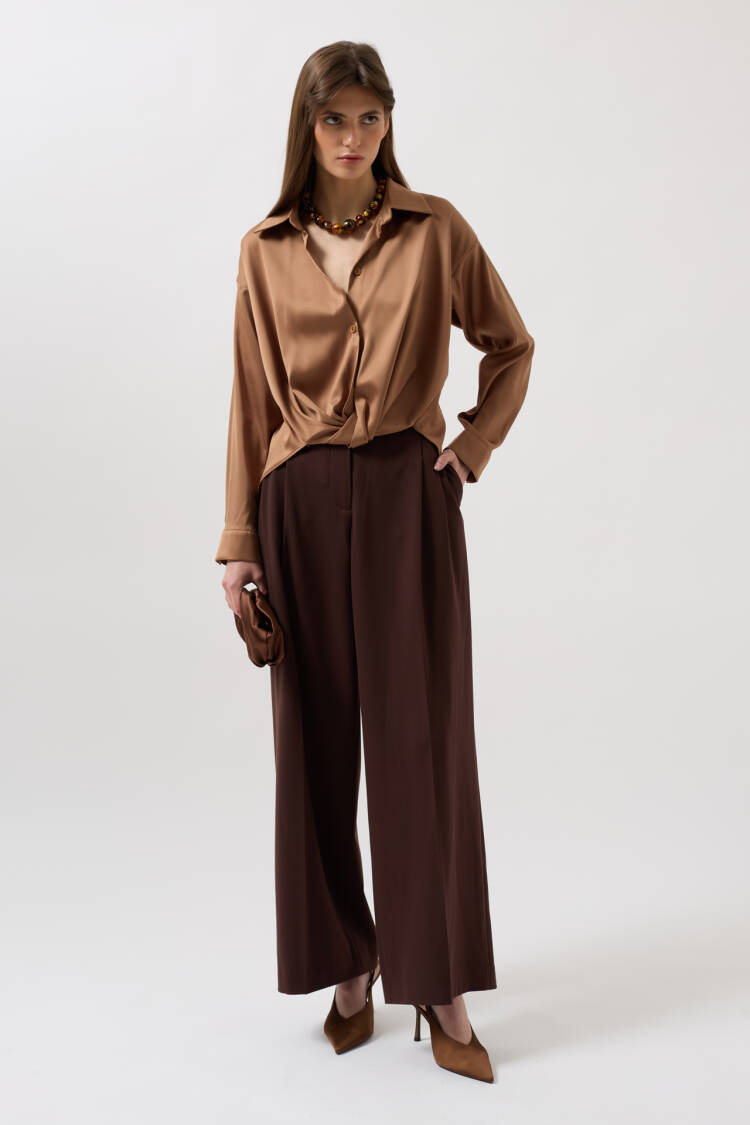 Waist Ruffle Crop Satin Shirt
