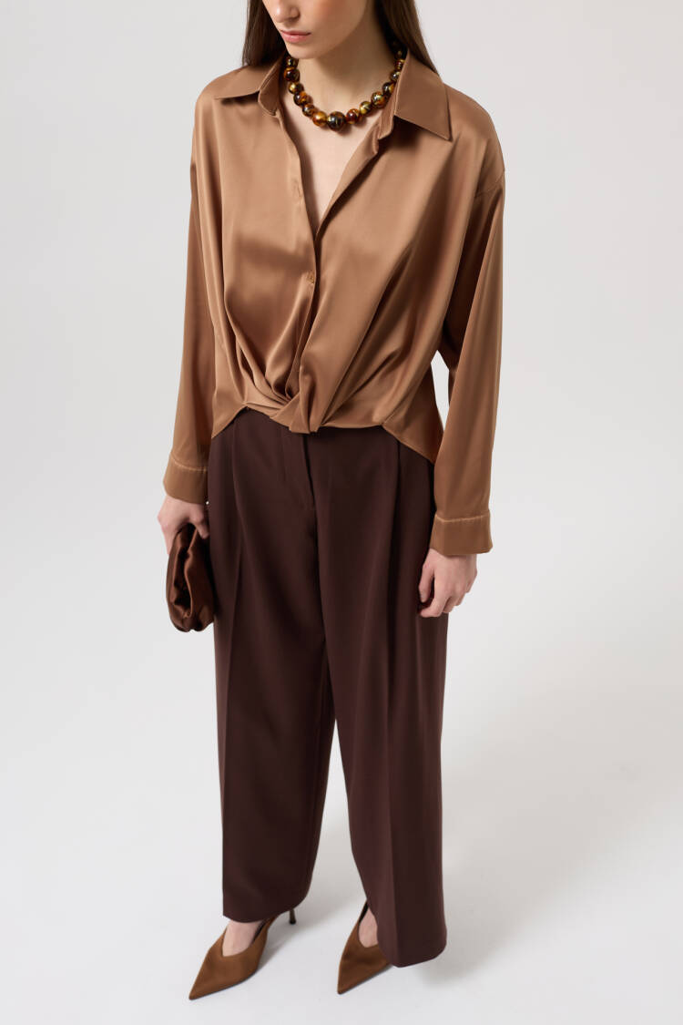 Waist Ruffle Crop Satin Shirt