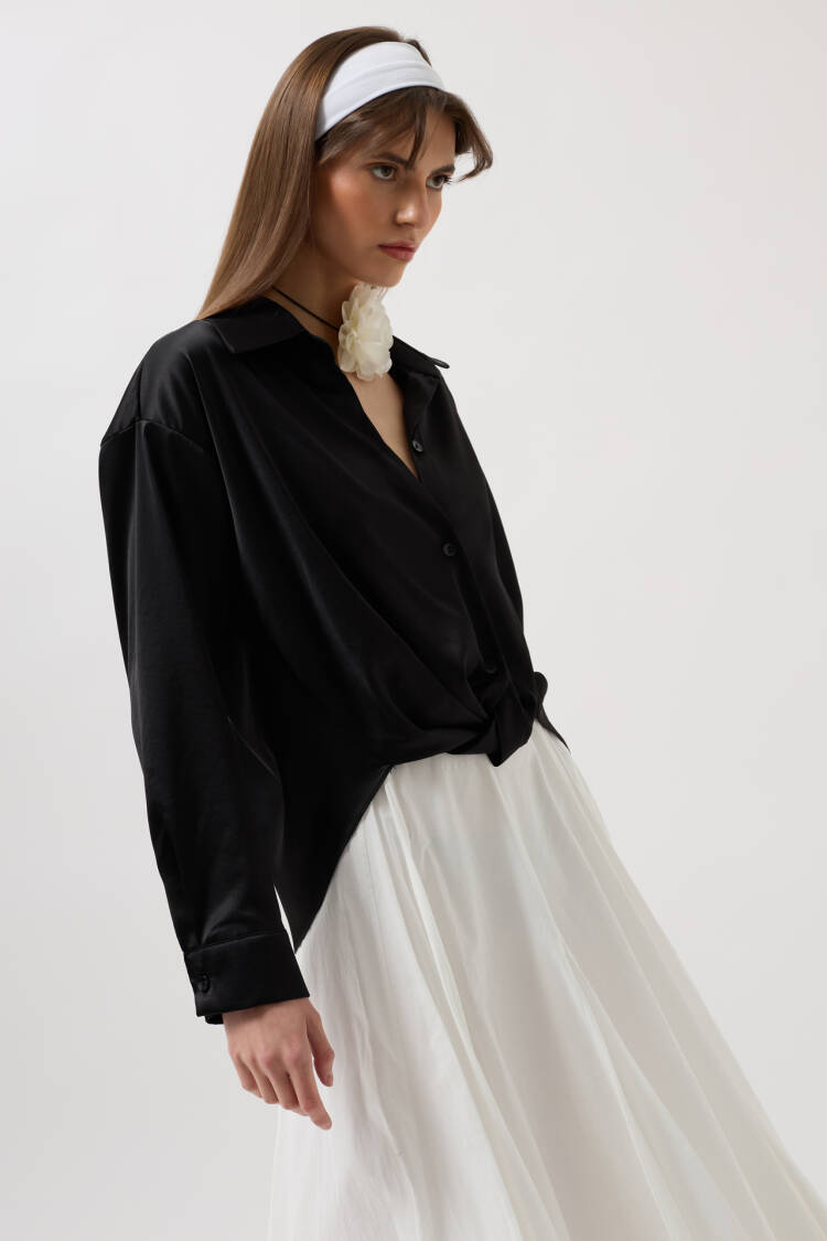 Waist Ruched Crop Satin Shirt