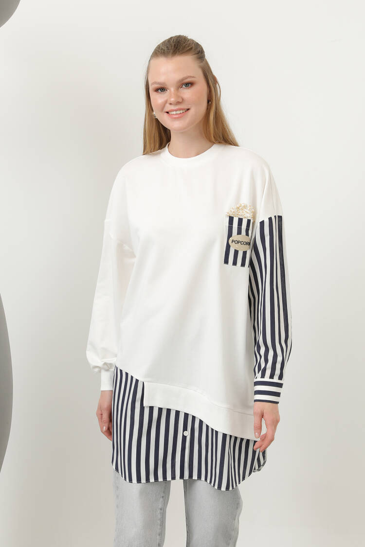 Women's Front Pop Corn Printed And Beaded Embroidered Line Garnish Tunic