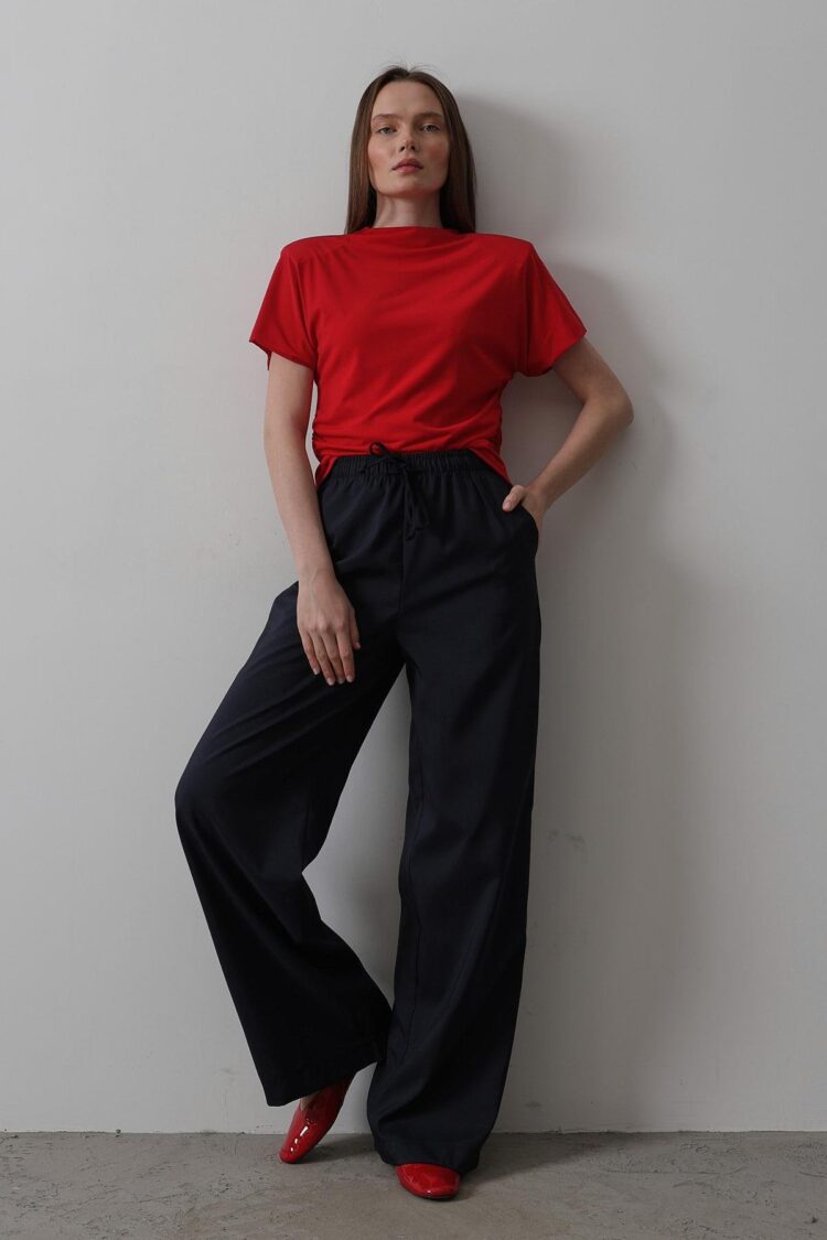 Wide Leg Pants With Elastic Waist - Navy - Reyon - Globality Store - Women Clothes Wholesale Turkey