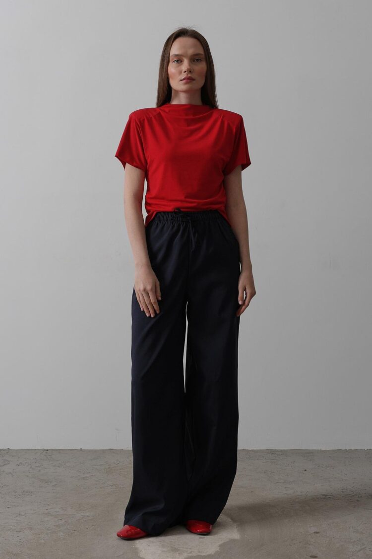 Wide Leg Pants With Elastic Waist - Navy