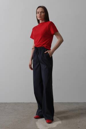 Wide Leg Pants With Elastic Waist - Navy - Reyon - Globality Store - Women Clothes Wholesale Turkey