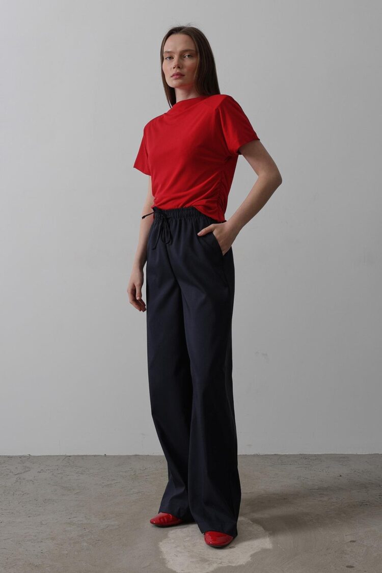 Wide Leg Pants With Elastic Waist - Navy