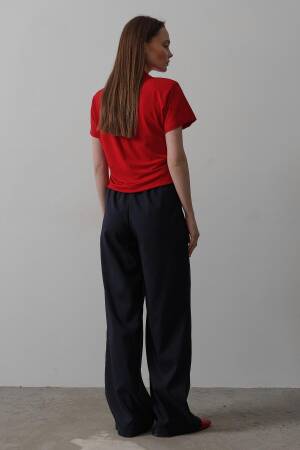 Wide Leg Pants With Elastic Waist - Navy - Reyon - Globality Store - Women Clothes Wholesale Turkey
